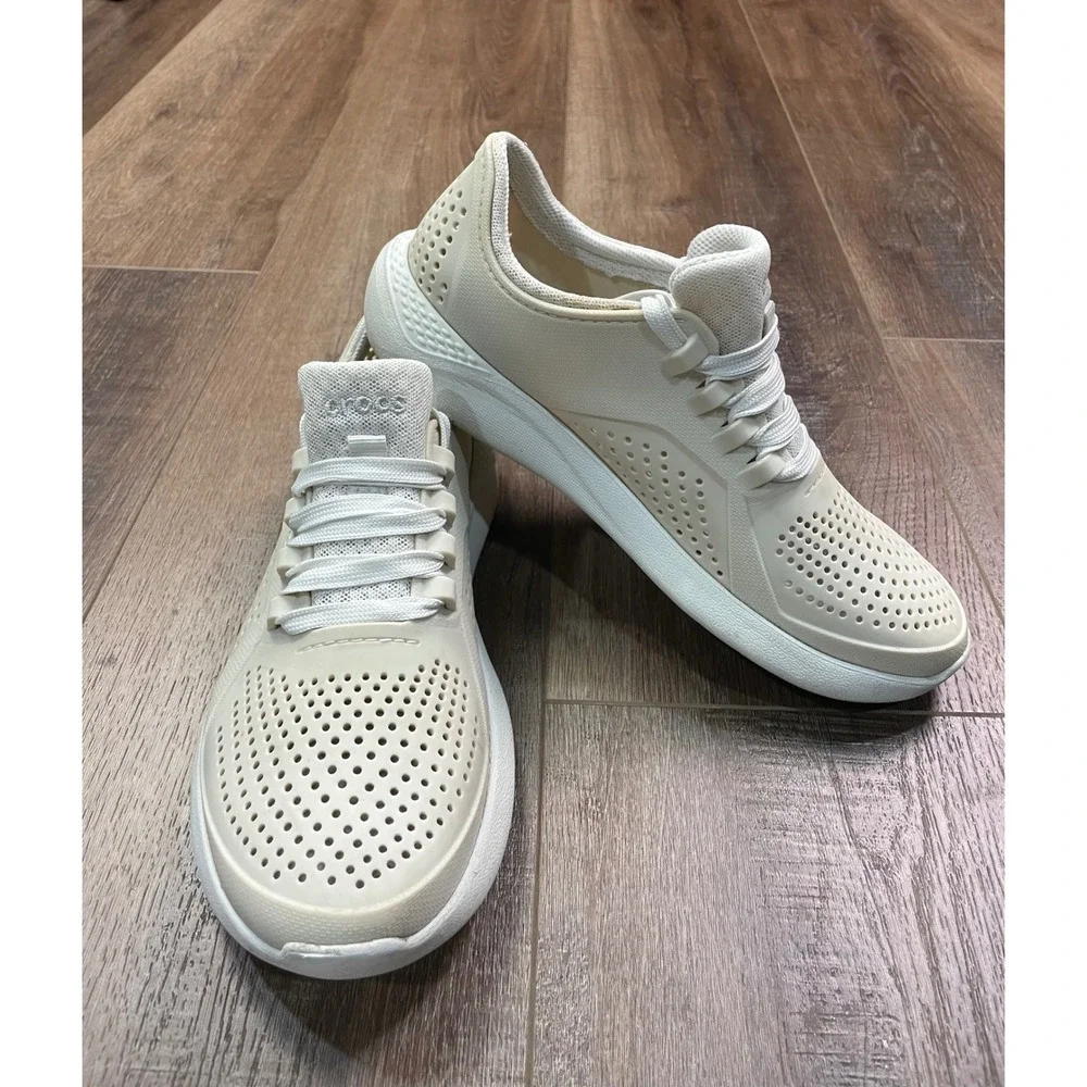 Crocs LiteRide Pacer Womens Shoes Size 7 Beige Beige/White Sneakers 205234